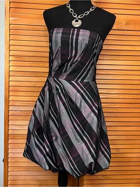 Ariella Strapless Black and Pink Plaid Bubble-Hem Dress